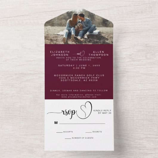 Burgundy Stylish Modern Wedding Photo Custom RSVP All In One Uitnodiging (Binnen)