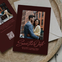 Burgundy stylish script two photo wedding
