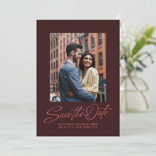 Burgundy stylish script two photo wedding save the date (Staand voorkant)