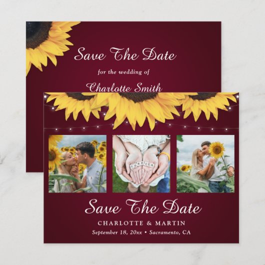 Burgundy Sunflower 3 Foto redder de datumkaarten Save The Date (Voorkant / Achterkant)