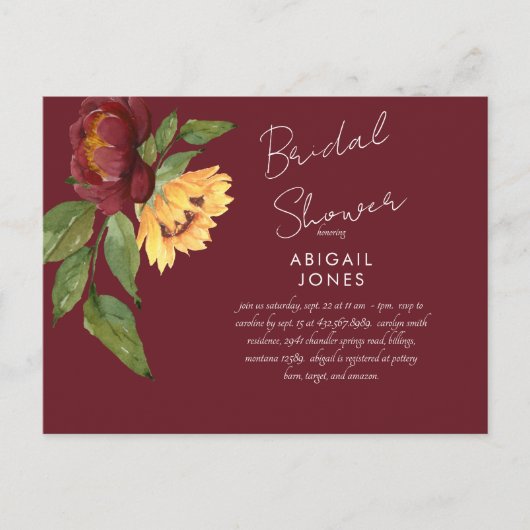 Burgundy Sunflower Bridal Shower Invitation Briefkaart (Voorkant)