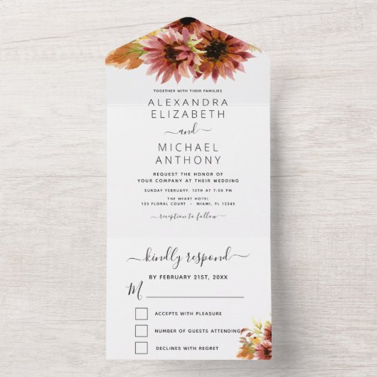 Burgundy Sunflower Country Weddenschap in One Invi All In One Uitnodiging (Binnen)