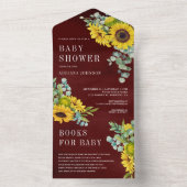 Burgundy Sunflower Eucalyptus Leaves Baby shower All In One Uitnodiging (Binnen)