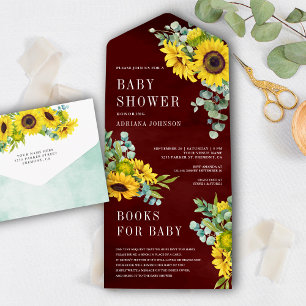 Burgundy Sunflower Eucalyptus Leaves Baby shower All In One Uitnodiging