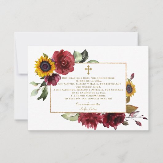 Burgundy Sunflower Gracias Con Oración Bautizo Bedankkaart (Voorkant)
