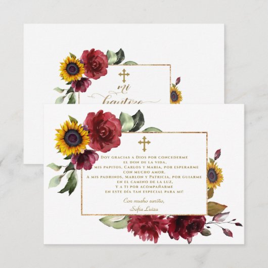Burgundy Sunflower Gracias Con Oración Bautizo Bedankkaart (Voorkant / Achterkant)