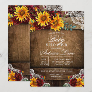 Burgundy Sunflower Lace Baby shower Invitation Kaart