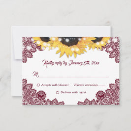 Burgundy Sunflower Lace Burlap Hearts Wedding RSVP Kaartje