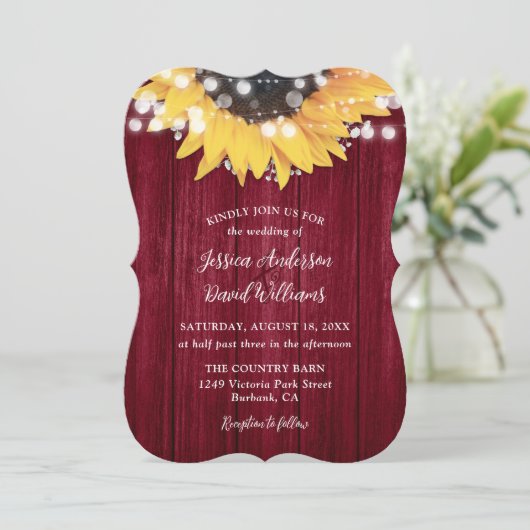 Burgundy Sunflower Rustic Barn Wood Weddenschap Kaart (Staand voorkant)