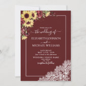 Burgundy Sunflower Rustic Script Photo Weddenschap Kaart (Voorkant)
