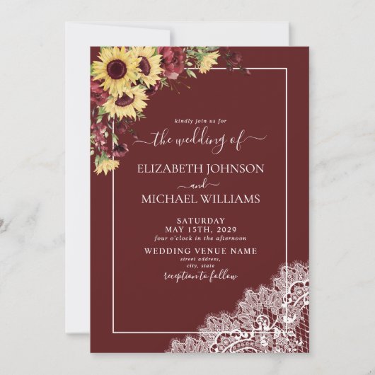 Burgundy Sunflower Rustic Script Photo Weddenschap Kaart (Voorkant)
