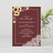 Burgundy Sunflower Rustic Script Photo Weddenschap Kaart (Staand voorkant)