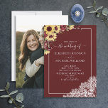 Burgundy Sunflower Rustic Script Photo Weddenschap Kaart<br><div class="desc">We zijn zo blij met deze elegante bogundy, rustige trouwfotouitnodiging. Dit prachtige, elegante design met een wit, met de hand geschreven script, een Bourgogne achtergrond, een kant en een botanische waterverf van de zonnebloem die onder invloed is van de bruine zonnebloem, is voorzien van uw favoriete verloving op de achterkant....</div>