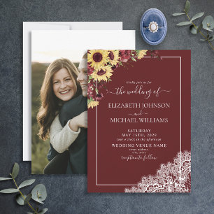 Burgundy Sunflower Rustic Script Photo Weddenschap Kaart