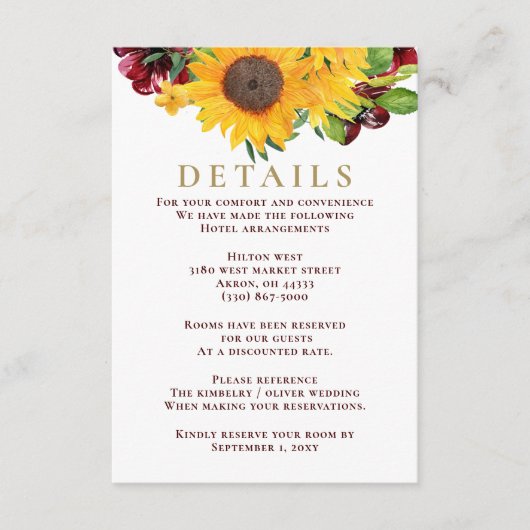 Burgundy Sunflower Rustic Wedding Enclosure Kaart (Voorkant)