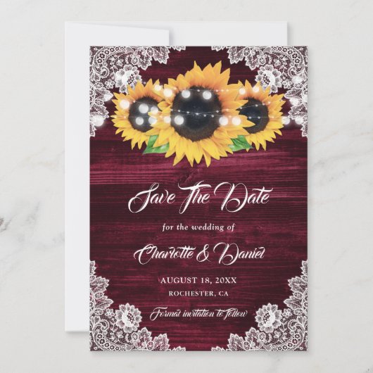Burgundy Sunflower String Lights Floral Lace Wood Save The Date (Voorkant)