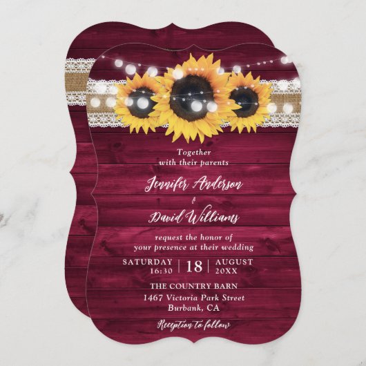 Burgundy Sunflower String Lights Wood Wedding Kaart (Voorkant / Achterkant)
