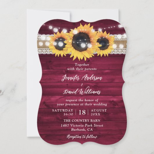 Burgundy Sunflower String Lights Wood Wedding Kaart (Voorkant)