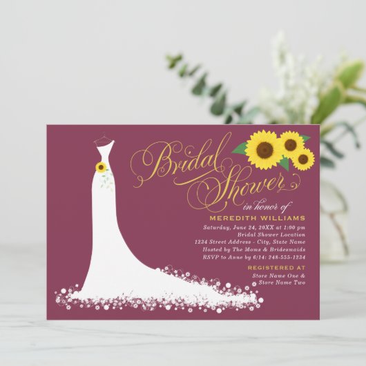 Burgundy Sunflower Wedding Gown Vrijgezellenfeest Kaart (Staand voorkant)