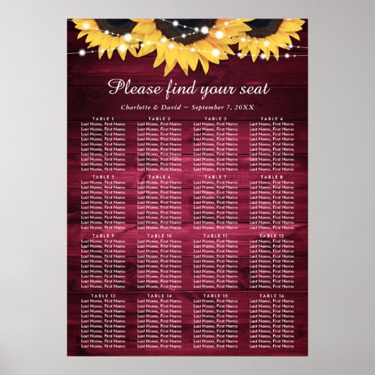 Burgundy Sunflower Wedding Table Plan 16 Poster (Voorkant)