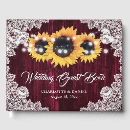 Burgundy Sunflower Wood Floral Lace Wedding Gastenboek