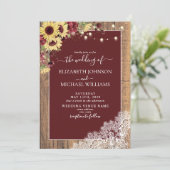 Burgundy Sunflower Wood Lace Script Weddenschap Kaart (Staand voorkant)