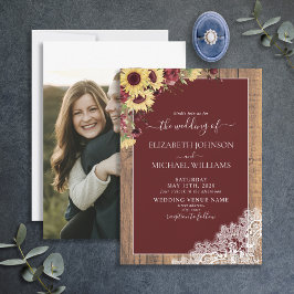 Burgundy Sunflower Wood Script Photo Weddenschap Kaart