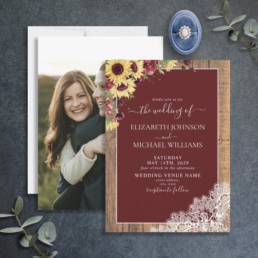 Burgundy Sunflower Wood Script Photo Weddenschap Kaart