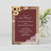 Burgundy Sunflower Wood Script Photo Weddenschap Kaart (Staand voorkant)