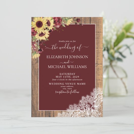 Burgundy Sunflower Wood Script Photo Weddenschap Kaart (Staand voorkant)