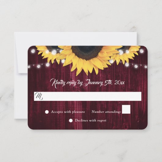 Burgundy Sunflower Wood String Lights Wedding RSVP Kaartje (Voorkant)