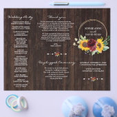 Burgundy Sunflower Wood Tri+Fold Wedding Program Flyer (Enkel)