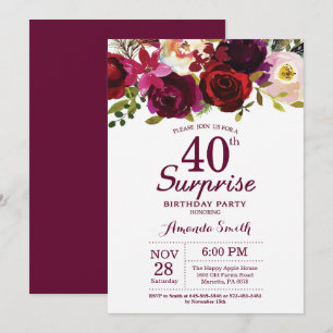 Burgundy Surprise Floral 40th Birthday Party Kaart