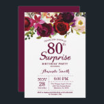 Burgundy Surprise Floral 80th Birthday Party Kaart<br><div class="desc">Burgundy Floral Surprise 80th Birthday Party Invitation for women. Burgundy Red Birthday Party nodigt uit. Florale bloem van de Bourgogne Waterverf. 13e 16e 18e 21e 21e 30e 40e 50e 60e 70e 90e 100e, elke leeftijd. Afdrukbaar digitaal. Voor verdere aanpassing, te klikken gelieve de knoop "van de Aanpassing het"en ons ontwerphulpmiddel...</div>