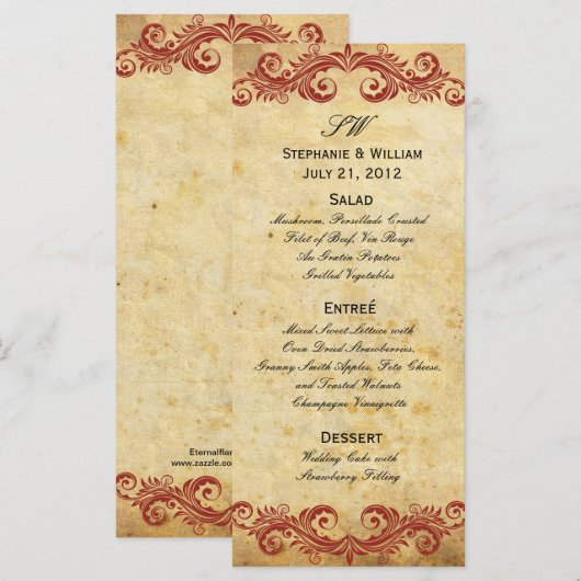  Burgundy Swirl Wedding Reception Menu (Voorkant / Achterkant)