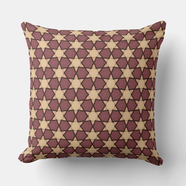 Burgundy Tan Star Pattern met Black Outline Kussen (Voorkant)