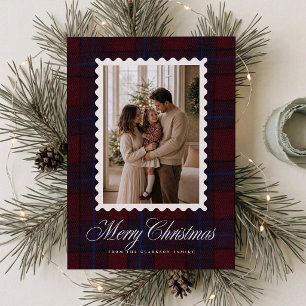 Burgundy Tartan Golvende Frame Kerst Fotokaart Kaart