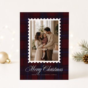 Burgundy Tartan Golvende Frame Kerst Fotokaart Kaart