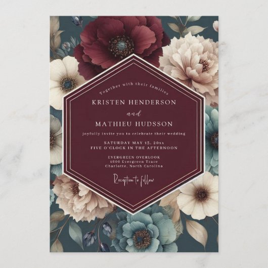 Burgundy Teal Bloom Wedding Kaart (Voorkant)