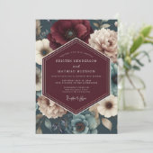Burgundy Teal Bloom Wedding Kaart (Staand voorkant)
