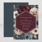 Burgundy Teal Bloom Wedding Kaart (Voorkant / Achterkant)