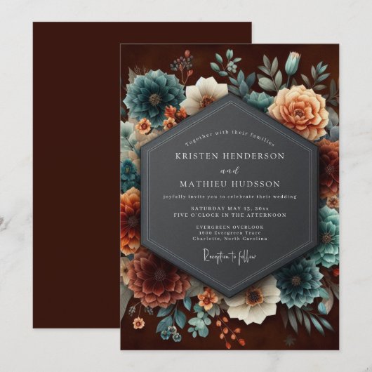 Burgundy Teal Dutch Bloom Wedding Kaart (Voorkant / Achterkant)