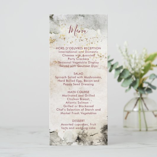 Burgundy Tekst Grijs Goud Waterverf Alpengebergte Menu (Staand voorkant)