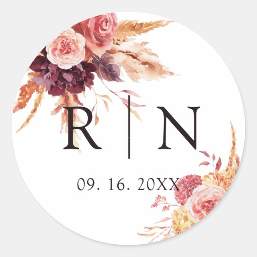 Burgundy Terracotta Floral Wedding Monogram Ronde Sticker (Voorkant)