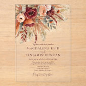Burgundy Terracotta Florals Pampas Grass Wedding Acryl Uitnodigingen (Voorkant)
