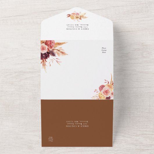 Burgundy Terracotta Gold Floral Wedding All In One Uitnodiging (Buitenkant)