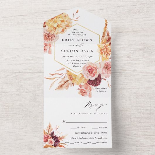 Burgundy Terracotta Gold Floral Wedding All In One Uitnodiging (Binnen)