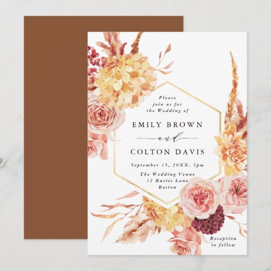 Burgundy Terracotta Gold Floral Wedding Kaart (Voorkant / Achterkant)