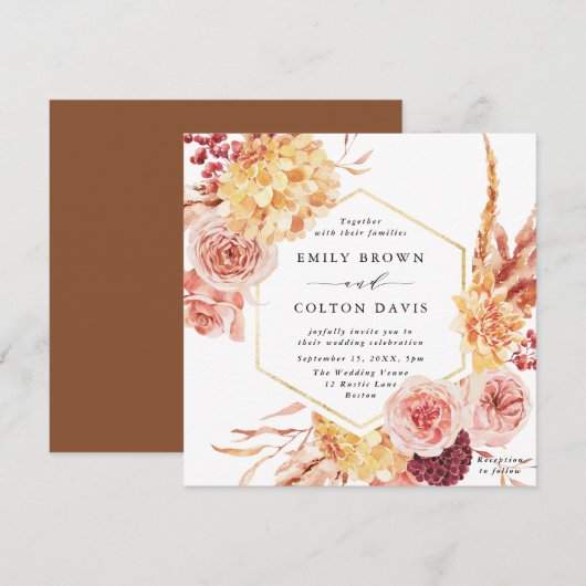 Burgundy Terracotta Gold Floral Wedding Square Kaart (Voorkant / Achterkant)