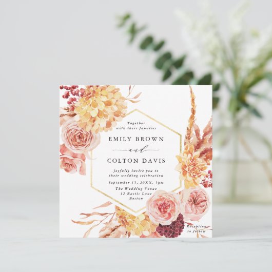 Burgundy Terracotta Gold Floral Wedding Square Kaart (Staand voorkant)